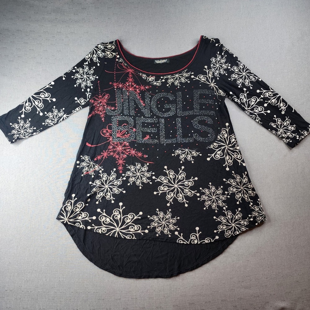 Vanilla Sugar Jingle Bells Snowflake Holiday Shirt Black 3/4 Sleeve Small